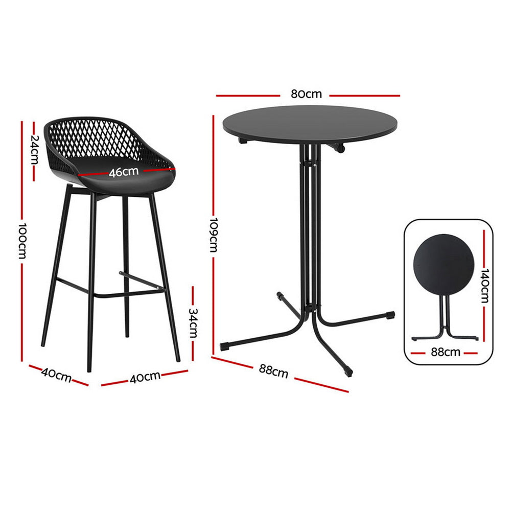 Gardeon 3PC Outdoor Bar Set Stools Dining Chairs Table Patio Furniture Bistro Set Black-Furniture &gt; Outdoor &gt; Outdoor Dining Sets-PEROZ Accessories