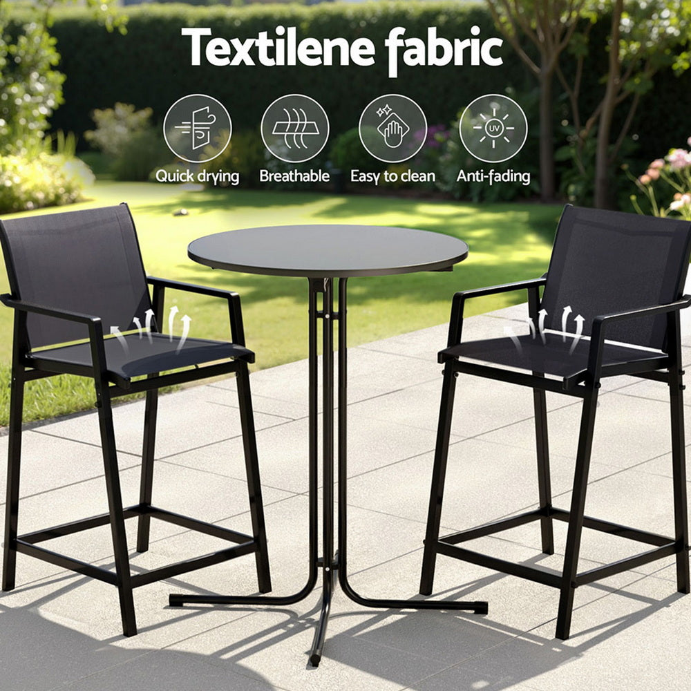 Gardeon 3PC Outdoor Bar Set Stools Dining Chairs Table Patio Furniture Bistro Set Steel Black-Furniture &gt; Outdoor &gt; Outdoor Dining Sets-PEROZ Accessories