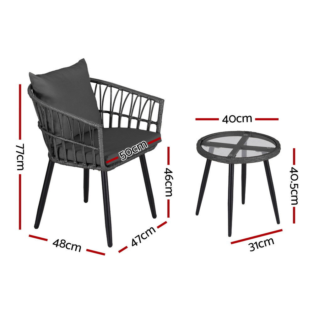 Gardeon 3PC Outdoor Bistro Set Patio Furniture Lounge Setting Table and Chairs Grey-Furniture &gt; Outdoor &gt; Outdoor Sofas &amp; Lounge Sets-PEROZ Accessories