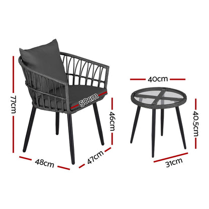 Gardeon 3PC Outdoor Bistro Set Patio Furniture Lounge Setting Table and Chairs Grey-Furniture &gt; Outdoor &gt; Outdoor Sofas &amp; Lounge Sets-PEROZ Accessories