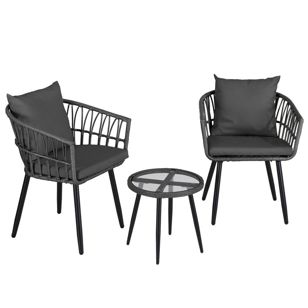Gardeon 3PC Outdoor Bistro Set Patio Furniture Lounge Setting Table and Chairs Grey-Furniture &gt; Outdoor &gt; Outdoor Sofas &amp; Lounge Sets-PEROZ Accessories