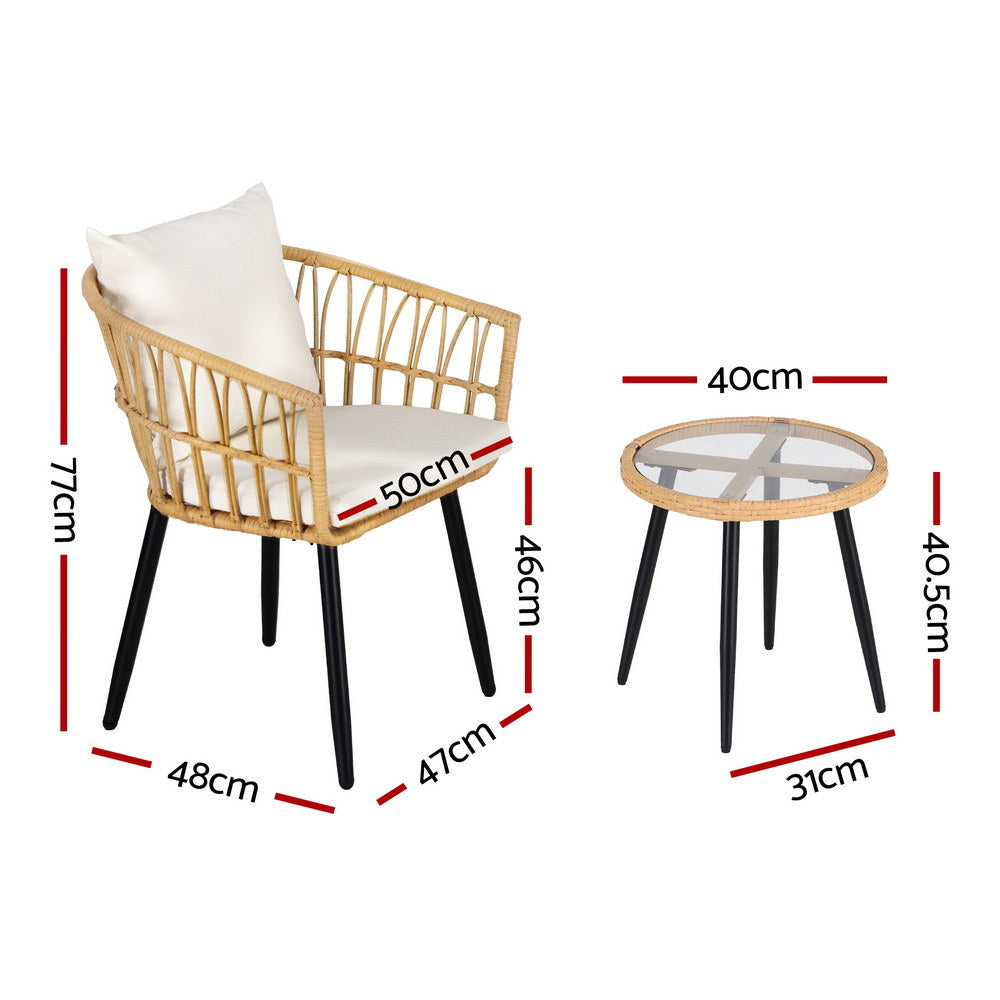 Gardeon 3PC Outdoor Bistro Set Patio Furniture Lounge Setting Table and Chairs Natural-Furniture &gt; Outdoor &gt; Outdoor Sofas &amp; Lounge Sets-PEROZ Accessories