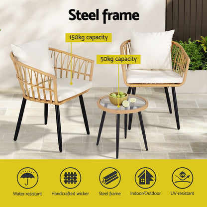 Gardeon 3PC Outdoor Bistro Set Patio Furniture Lounge Setting Table and Chairs Natural-Furniture &gt; Outdoor &gt; Outdoor Sofas &amp; Lounge Sets-PEROZ Accessories