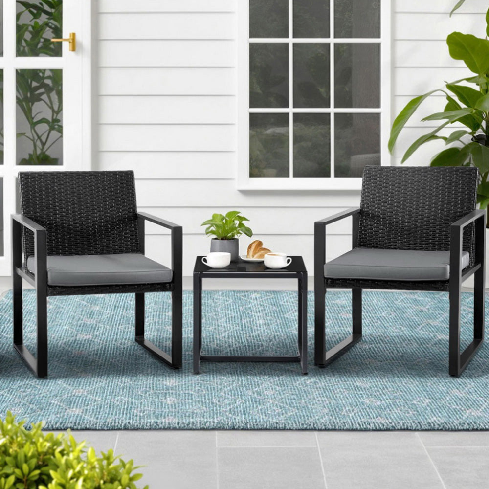 Gardeon 3PC Outdoor Bistro Set Patio Furniture Wicker Dining Chairs Table Cushion Black-Furniture > Outdoor > Outdoor Dining Sets-PEROZ Accessories