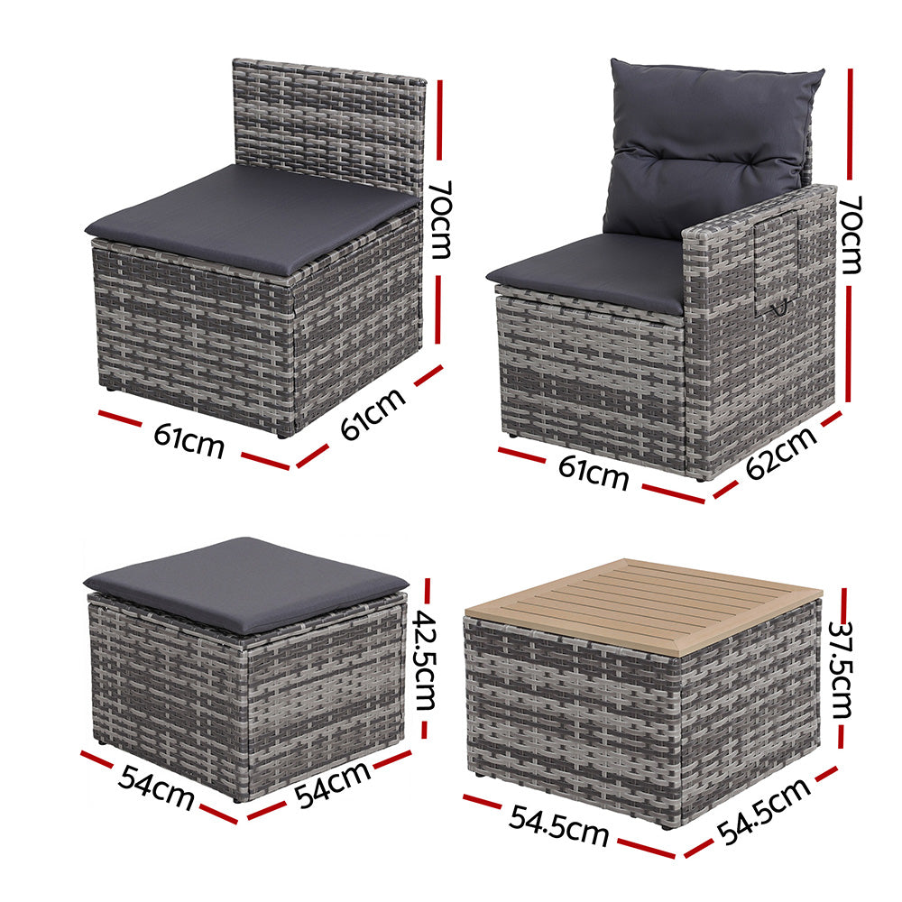 Gardeon 5 Pieces Outdoor Sofa Set 4-Seater Grey Rattan Patio Furniture Table and Chair Setting-Furniture > Outdoor > Outdoor Sofas &amp; Lounge Sets-PEROZ Accessories