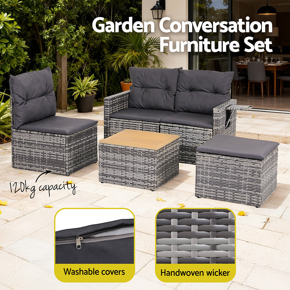 Gardeon 5 Pieces Outdoor Sofa Set 4-Seater Grey Rattan Patio Furniture Table and Chair Setting-Furniture > Outdoor > Outdoor Sofas &amp; Lounge Sets-PEROZ Accessories