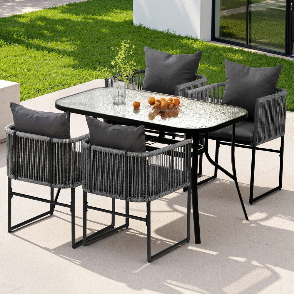 Gardeon 5PCS Outdoor Dining Set Table and Chairs Rope Patio Furniture Garden Black-Furniture &gt; Dining &gt; Dining Set-PEROZ Accessories
