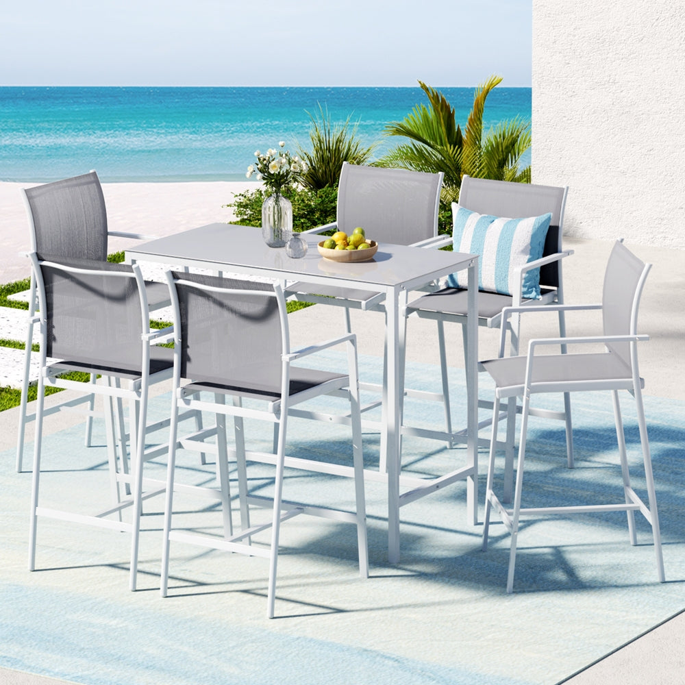 Gardeon 7PCS Outdoor Bar Set Stools Dining Chairs Table Patio Steel Bistro Set White-Furniture &gt; Outdoor &gt; Outdoor Chairs-PEROZ Accessories