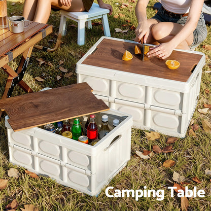 Gardeon Collapsible Outdoor Storage Box 50L Stackable Folding Camping Organizer Plywood Lid Beige-Home &amp; Garden &gt; Storage &gt; Storage Boxes-PEROZ Accessories