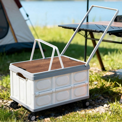 Gardeon Collapsible Outdoor Storage Box 54L Stackable Folding Camping Organizer Wheels Plywood Lid Beige-Home &amp; Garden &gt; Storage &gt; Storage Boxes-PEROZ Accessories