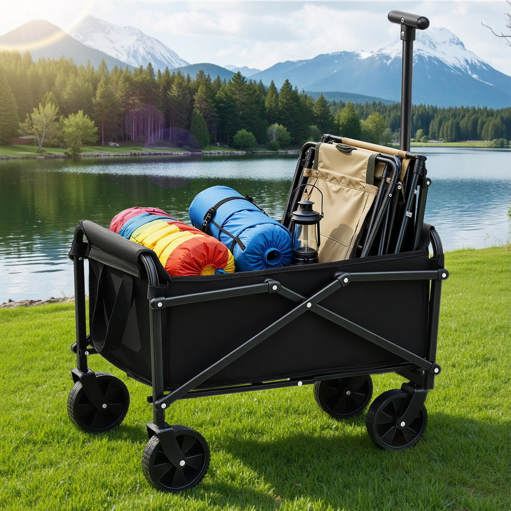 Gardeon Garden Cart Folding Trolley Camping Wagon Barrow Outdoor Beach Black-Home &amp; Garden &gt; Garden Tools &gt; Spreaders &amp; Wheelbarrows-PEROZ Accessories