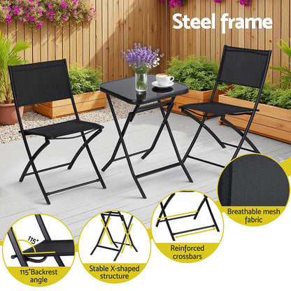 Gardeon Outdoor Bistro Set Folding Table and Chairs Patio Furniture Garden Steel Black-Furniture &gt; Outdoor &gt; Outdoor Sofas &amp; Lounge Sets-PEROZ Accessories