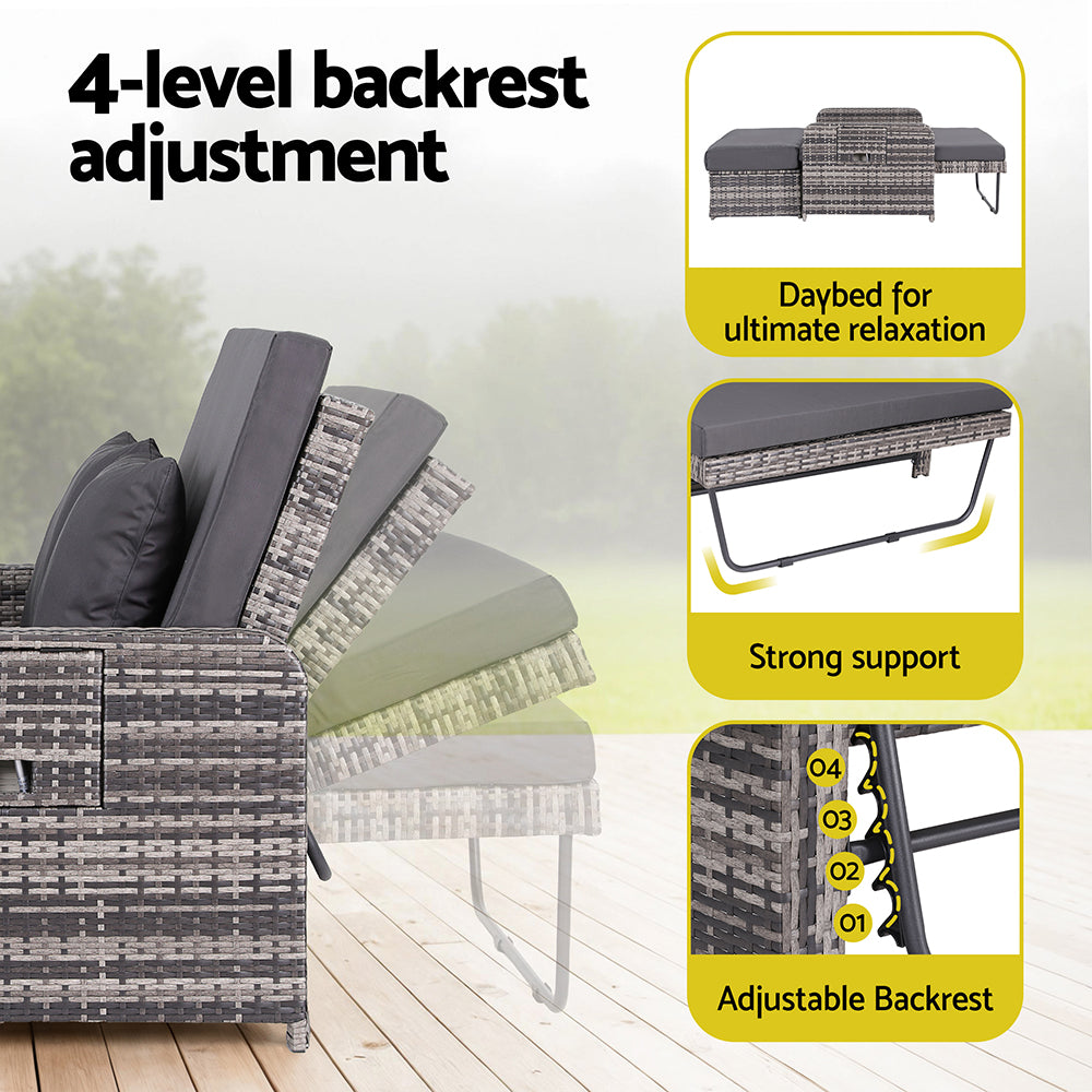 Gardeon Outdoor Day Bed Sun Lounge Setting Wicker Lounger Patio Furniture Grey-Furniture > Sofas > Sofas &amp; Sofa Beds-PEROZ Accessories