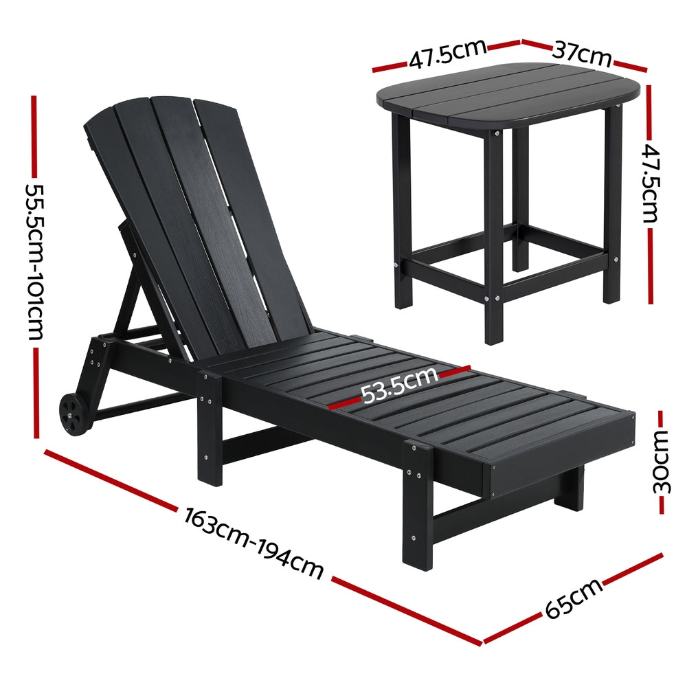 Gardeon Sun Lounge Lounger Table and Chairs Beach Chair HDPE Patio Outdoor Furniture Wheels Black-Furniture &gt; Outdoor &gt; Outdoor Chairs-PEROZ Accessories