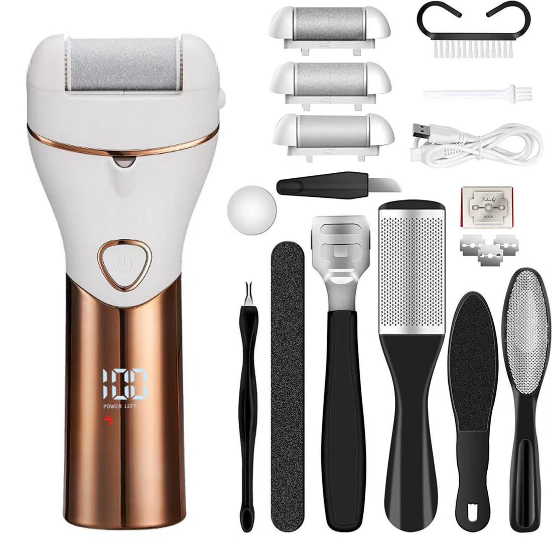 Gold And White Rechargeable Electric Foot File Callus Remover Kit - 10pc Pedicure Set with LED Display for Smooth Feet-Foot Care-PEROZ Accessories