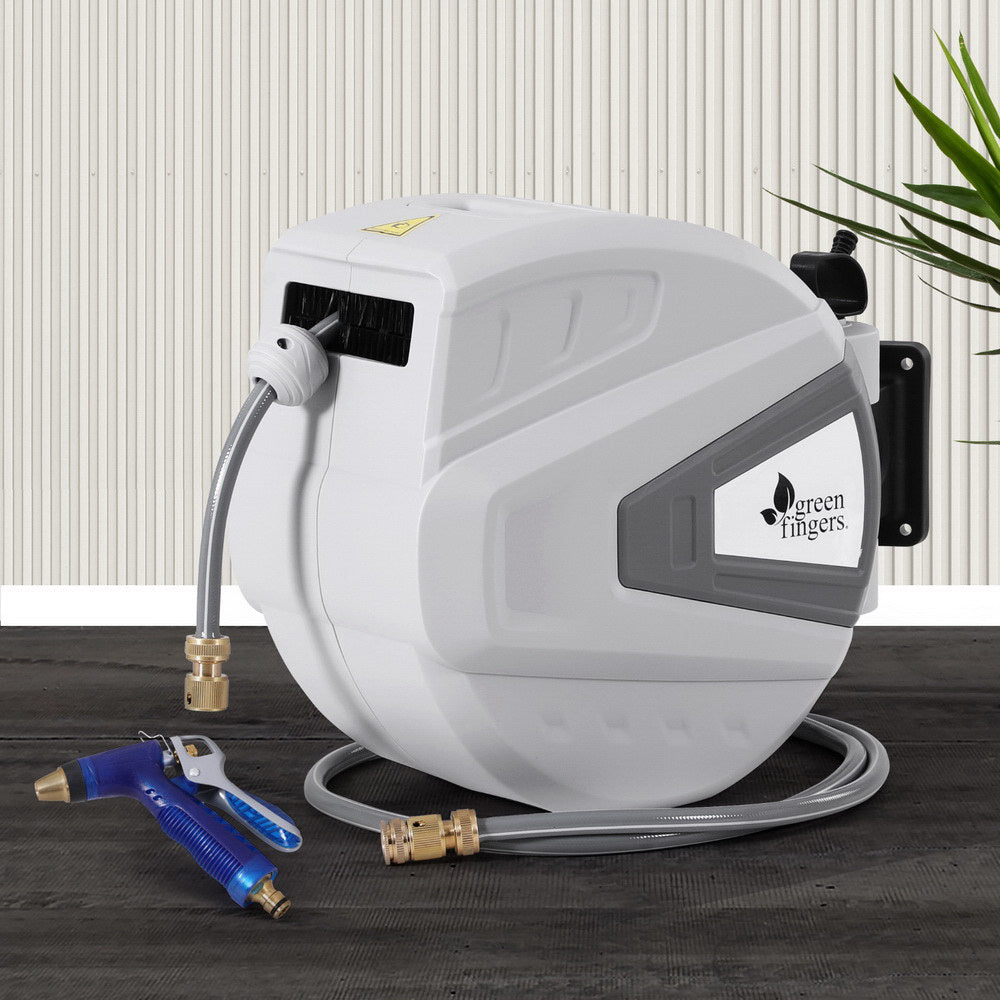 Green Fingers 30M Water Hose Reel Retractable Auto Rewind Wall Mount Garden Spray Gun-Home &amp; Garden > Garden Tools > Garden Hoses-PEROZ Accessories