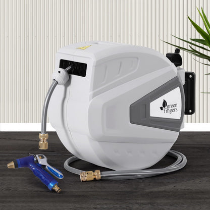 Green Fingers 30M Water Hose Reel Retractable Auto Rewind Wall Mount Garden Spray Gun-Home &amp; Garden > Garden Tools > Garden Hoses-PEROZ Accessories