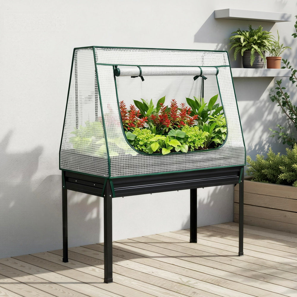 Green Fingers Elevated Metal Garden Bed Kit w Mini Greenhouse Cover 116x60cm Stand-Up Height Trellis-Home &amp; Garden > Garden Beds > Garden Beds &amp; Planters-PEROZ Accessories