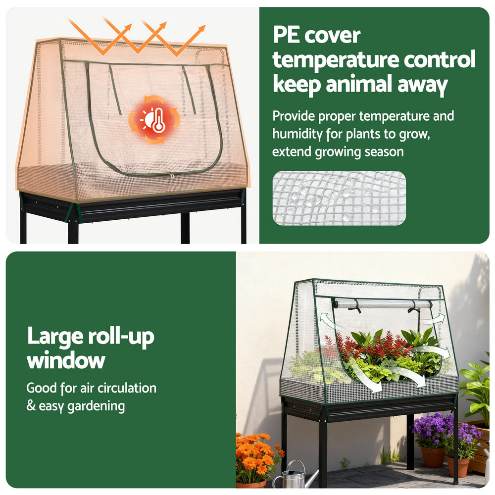 Green Fingers Elevated Metal Garden Bed Kit w Mini Greenhouse Cover 116x60cm Stand-Up Height Trellis-Home &amp; Garden > Garden Beds > Garden Beds &amp; Planters-PEROZ Accessories