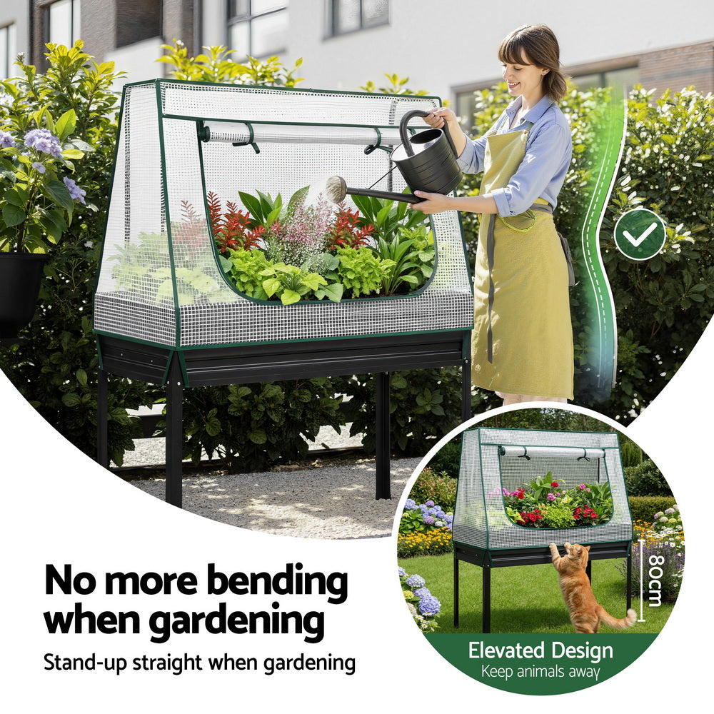 Green Fingers Elevated Metal Garden Bed Kit w Mini Greenhouse Cover 116x60cm Stand-Up Height Trellis-Home &amp; Garden > Garden Beds > Garden Beds &amp; Planters-PEROZ Accessories