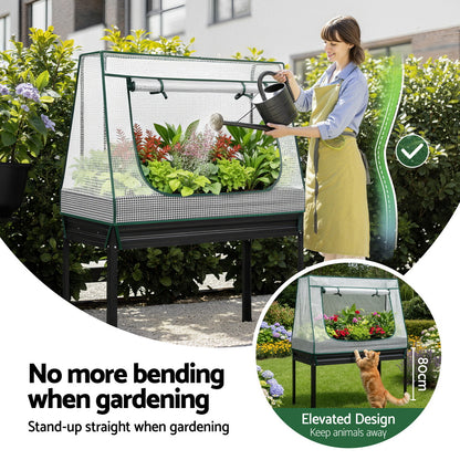 Green Fingers Elevated Metal Garden Bed Kit w Mini Greenhouse Cover 116x60cm Stand-Up Height Trellis-Home &amp; Garden > Garden Beds > Garden Beds &amp; Planters-PEROZ Accessories