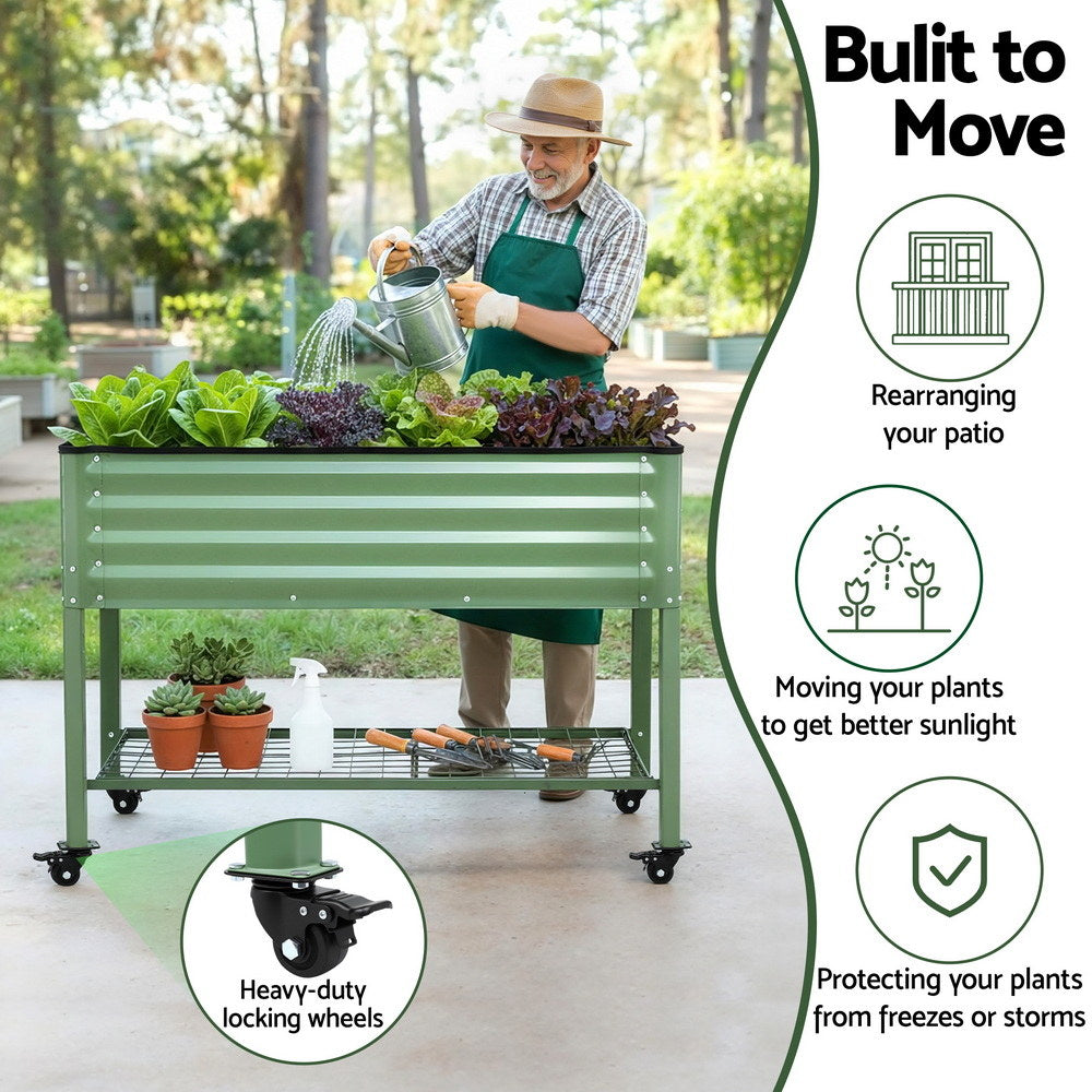 Green Fingers Elevated Raised Garden Bed Kit Mobile w/ Locking Wheels &amp; Storage Shelf 100KG Max Load 115x60x81cm | Galvanized Steel, Portable Green Organizer for Seniors, Patio, Balcony, Vegetables-Home &amp; Garden > Garden Beds > Garden Beds &amp; Planters-PEROZ Accessories