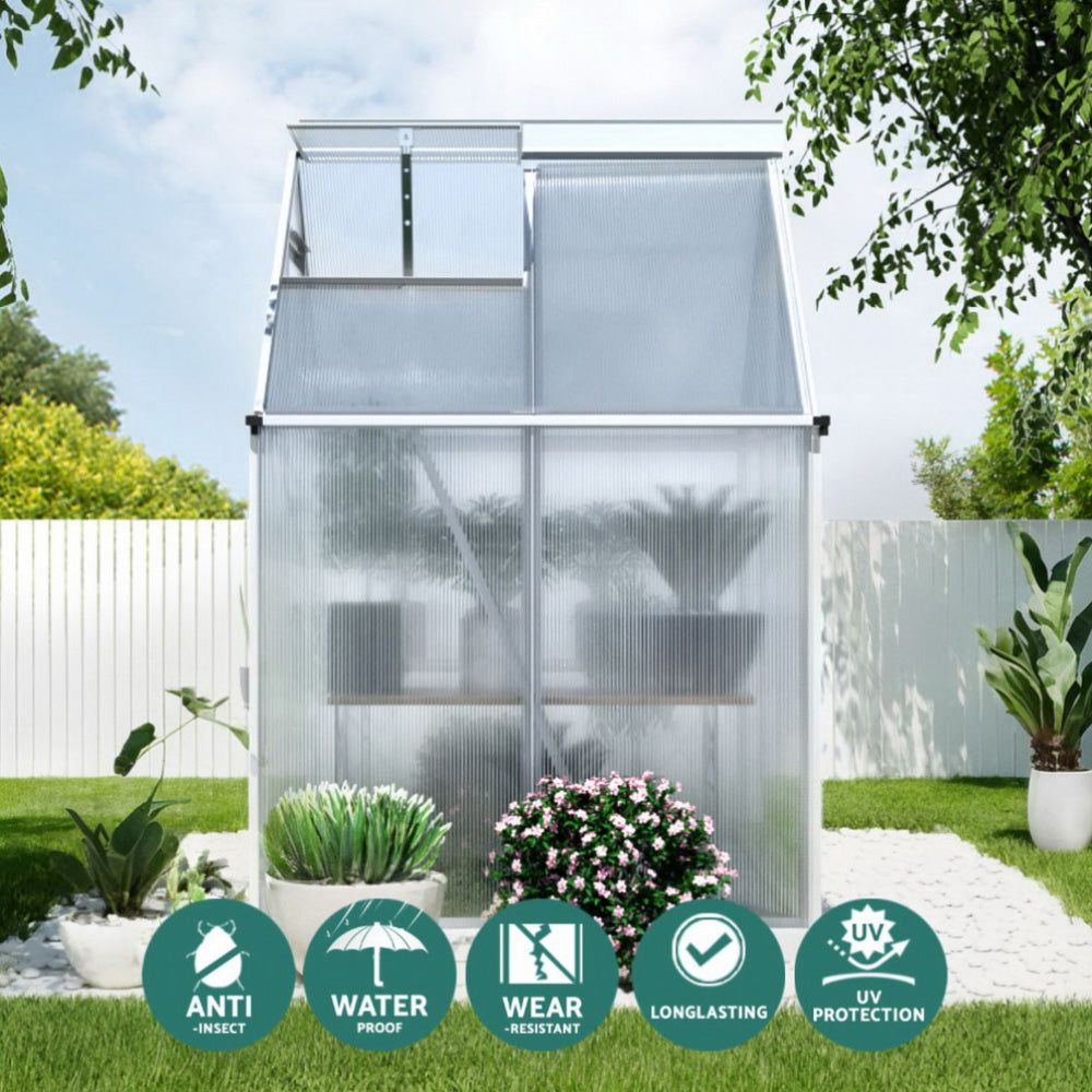 Green Fingers Greenhouse Aluminium Polycarbonate Premium Garden Storage Shed 1.3Mx1.9Mx2.0M-Home &amp; Garden > Greenhouses > Greenhouses &amp; Accessories-PEROZ Accessories