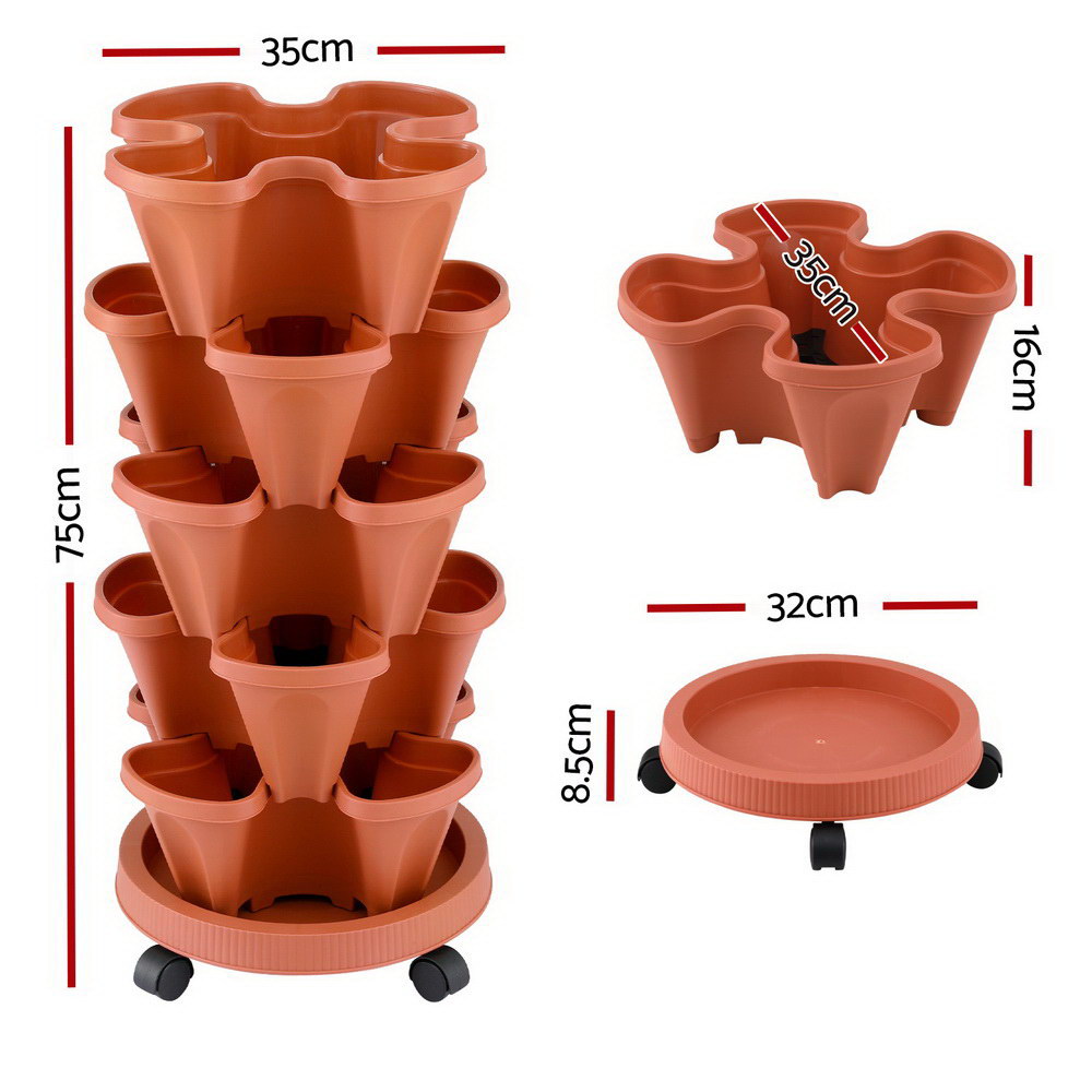 Green Fingers Raised Garden Bed 5 Tier Vertical Garden Brick Red Strawberry Stackable Planters Herbs Petunias-Home &amp; Garden > Garden Beds > Garden Beds &amp; Planters-PEROZ Accessories