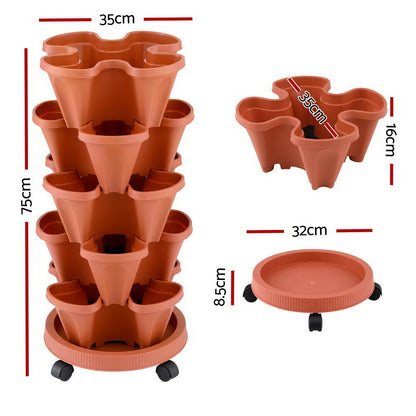 Green Fingers Raised Garden Bed 5 Tier Vertical Garden Brick Red Strawberry Stackable Planters Herbs Petunias-Home &amp; Garden > Garden Beds > Garden Beds &amp; Planters-PEROZ Accessories