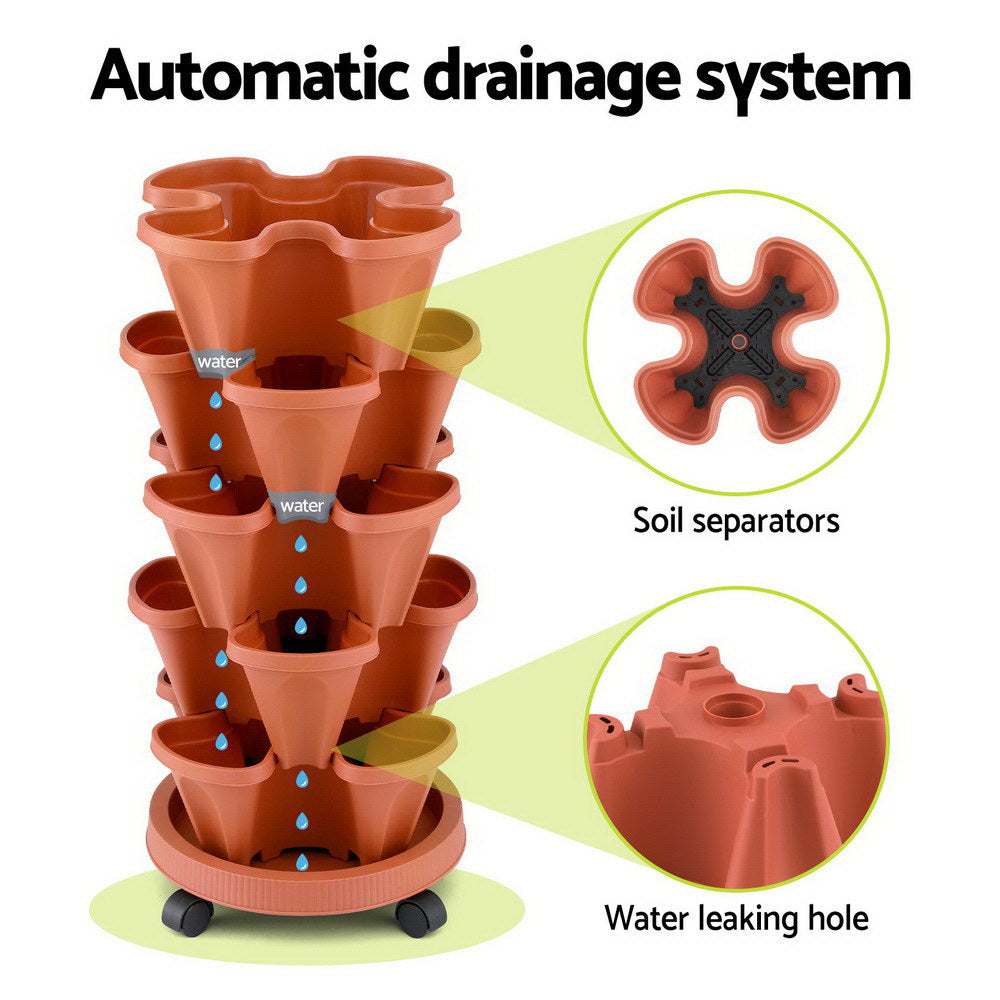 Green Fingers Raised Garden Bed 5 Tier Vertical Garden Brick Red Strawberry Stackable Planters Herbs Petunias-Home &amp; Garden > Garden Beds > Garden Beds &amp; Planters-PEROZ Accessories