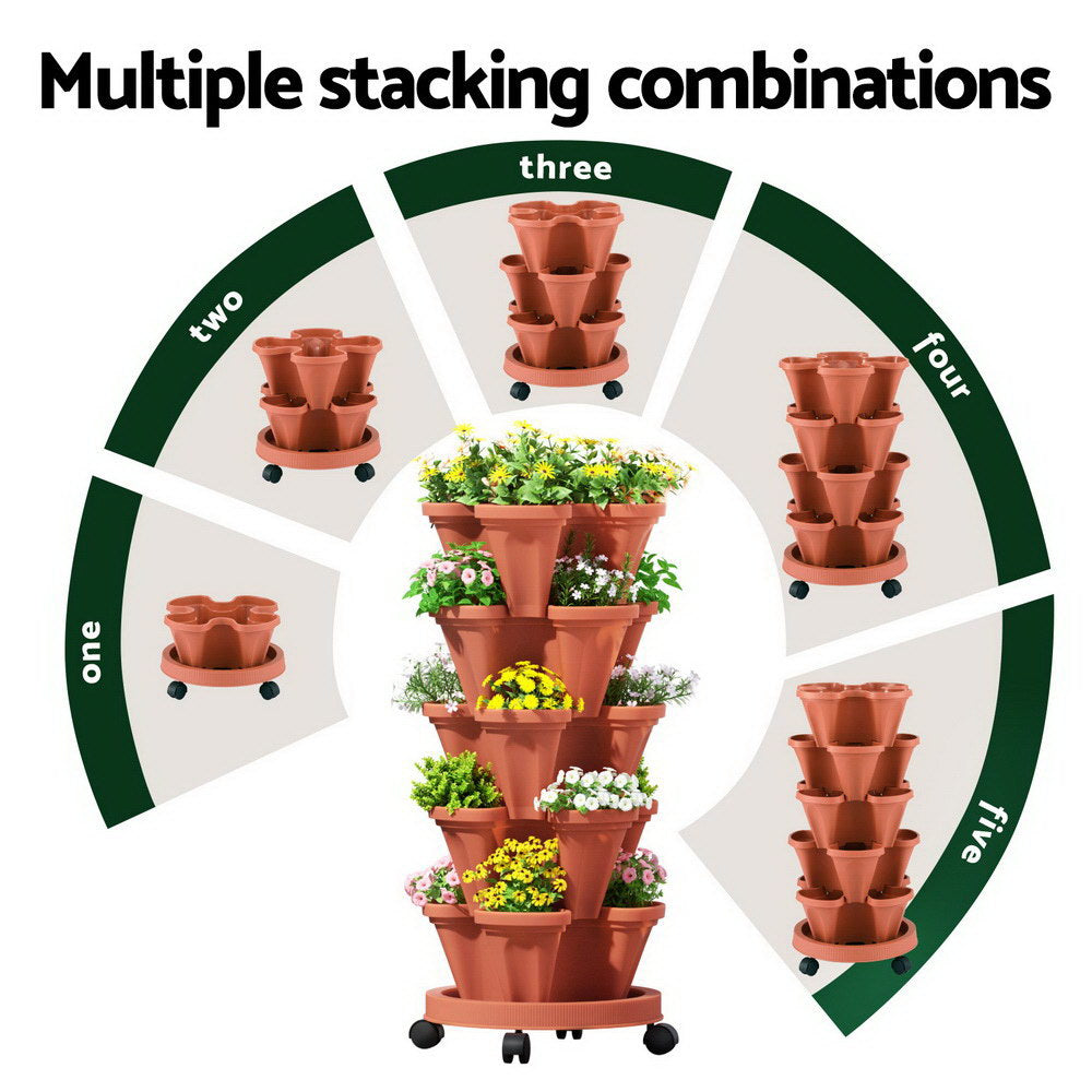 Green Fingers Raised Garden Bed 5 Tier Vertical Garden Brick Red Strawberry Stackable Planters Herbs Petunias-Home &amp; Garden > Garden Beds > Garden Beds &amp; Planters-PEROZ Accessories