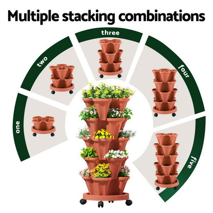 Green Fingers Raised Garden Bed 5 Tier Vertical Garden Brick Red Strawberry Stackable Planters Herbs Petunias-Home &amp; Garden > Garden Beds > Garden Beds &amp; Planters-PEROZ Accessories
