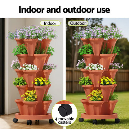 Green Fingers Raised Garden Bed 5 Tier Vertical Garden Brick Red Strawberry Stackable Planters Herbs Petunias-Home &amp; Garden > Garden Beds > Garden Beds &amp; Planters-PEROZ Accessories
