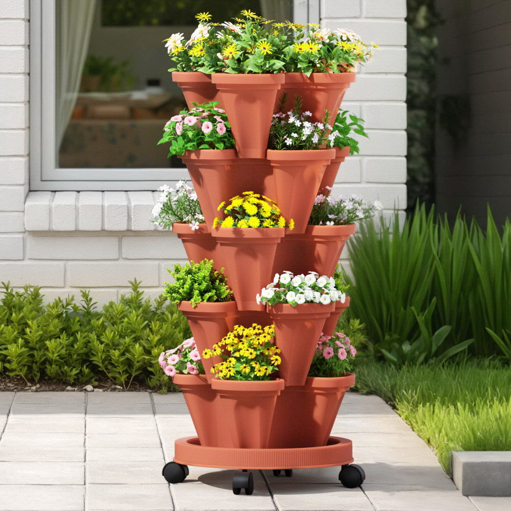 Green Fingers Raised Garden Bed 5 Tier Vertical Garden Brick Red Strawberry Stackable Planters Herbs Petunias-Home &amp; Garden > Garden Beds > Garden Beds &amp; Planters-PEROZ Accessories