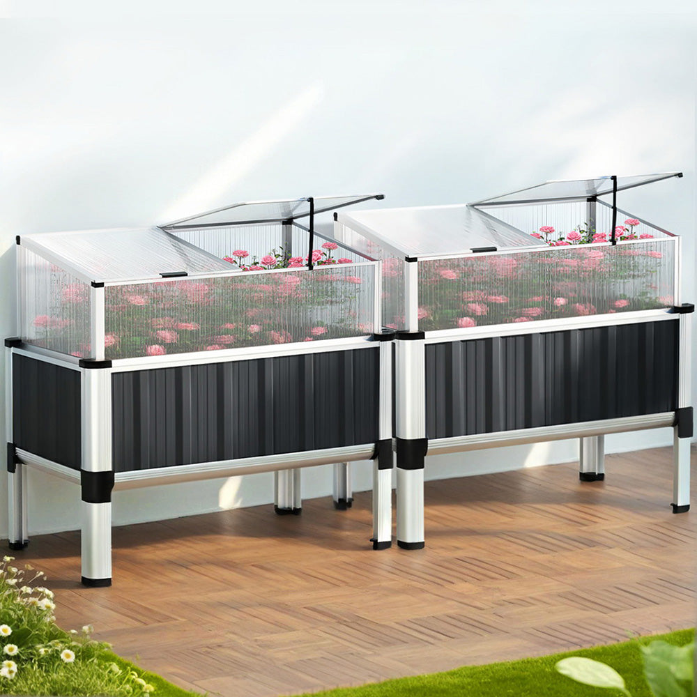 Green Fingers Raised Garden Bed x2 80x49x74cm Greenhouse Planter Box Galvanised Herb-Home &amp; Garden > Garden Beds > Garden Beds &amp; Planters-PEROZ Accessories