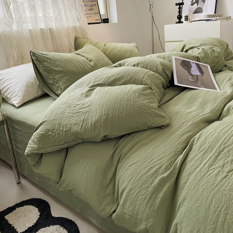 Green Solid Color Solid Color Solid Color 1.5m Bed Fitted Sheet Set with 200x230cm Duvet Cover - 4-Piece Bedding Set-Home &amp; Garden > Bedding > Bed Sheets-PEROZ Accessories