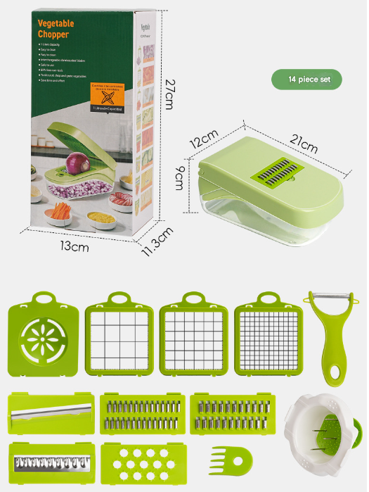 Green Versatile 14-in-1 Vegetable Chopper &amp; Slicer Set - Multi-functional Kitchen Mandoline Dicer &amp; Grater-Home &amp; Garden > Kitchenware > Kitchen Utensils-PEROZ Accessories