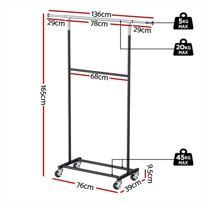 Artiss Clothes Rack Double Rod Airer Rail Coat Stand Adjustable Hanger-Furniture &gt; Living Room &gt; Coat Racks-PEROZ Accessories