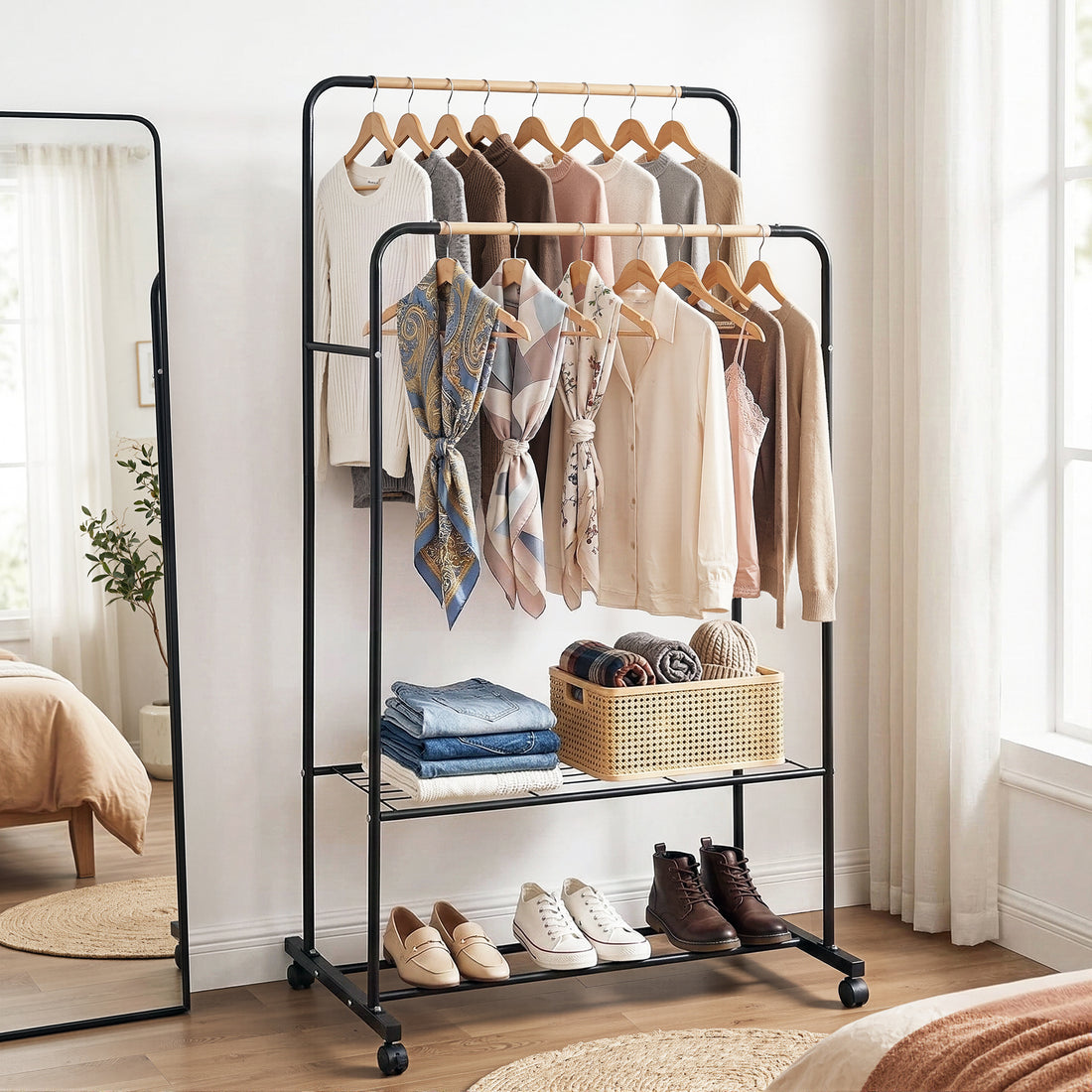 Artiss Clothes Rack Double Rod Airer Rail Coat Stand Hanger Storage Shelf-Furniture > Living Room > Coat Racks-PEROZ Accessories