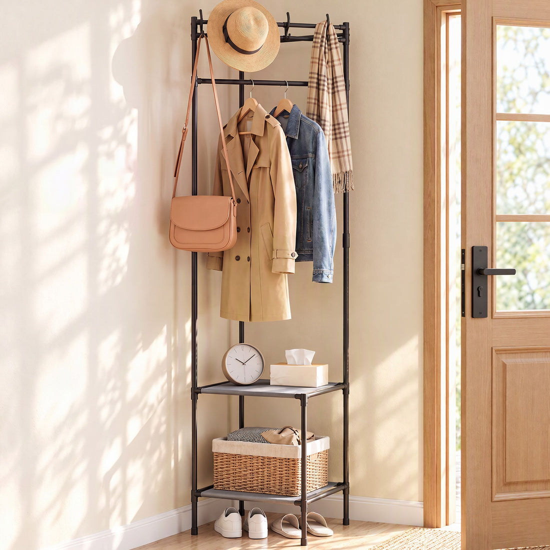 Artiss Coat Rack 181cm Freestanding Corner Hall Tree Garment Organiser Storage Shelf 8 Hooks Black-Furniture > Living Room > Coat Racks-PEROZ Accessories