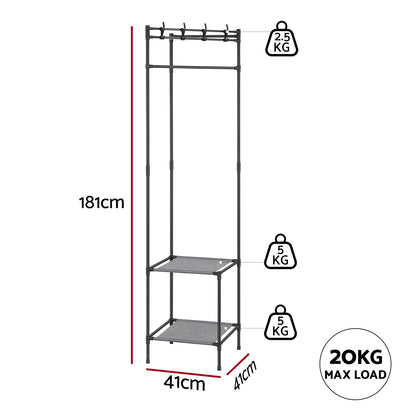 Artiss Coat Rack 181cm Freestanding Corner Hall Tree Garment Organiser Storage Shelf 8 Hooks Black