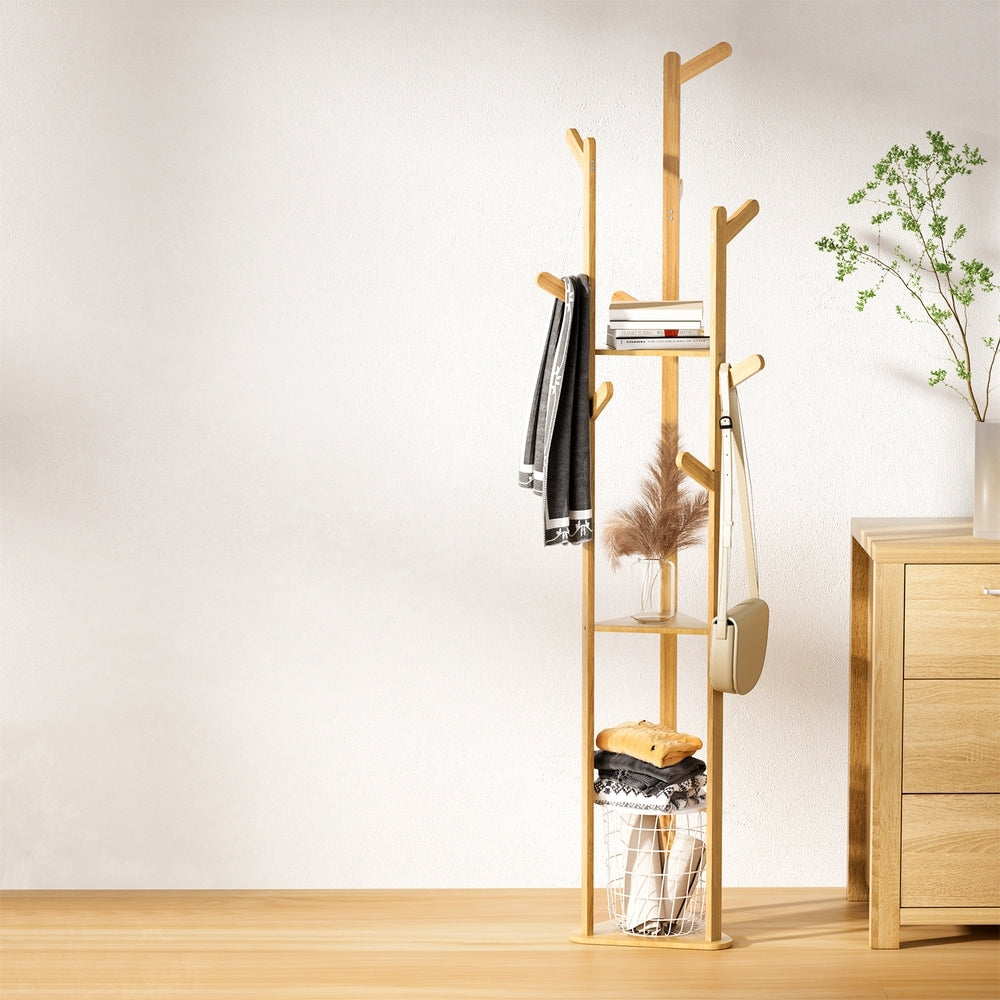 Artiss Clothes Rack Coat Stand 9 Hooks Tree Shelf Bamboo-Furniture &gt; Bedroom-PEROZ Accessories