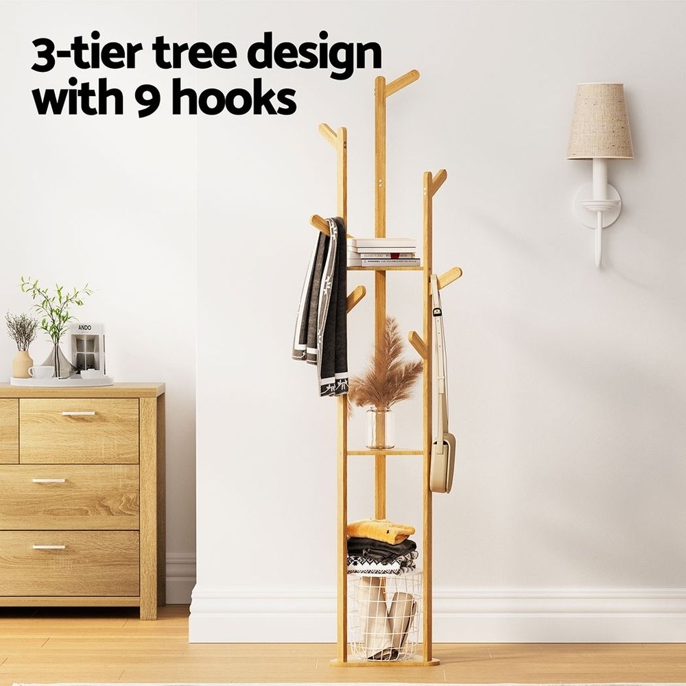 Artiss 2X Clothes Rack Airer Coat Stand 9 Hooks Bamboo-Furniture > Living Room > Coat Racks-PEROZ Accessories
