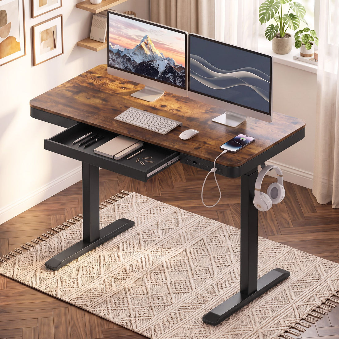 Artiss Motorised Standing Desk with Storage Drawer 120cm Rustic Brown-Furniture > Office > Desks-PEROZ Accessories