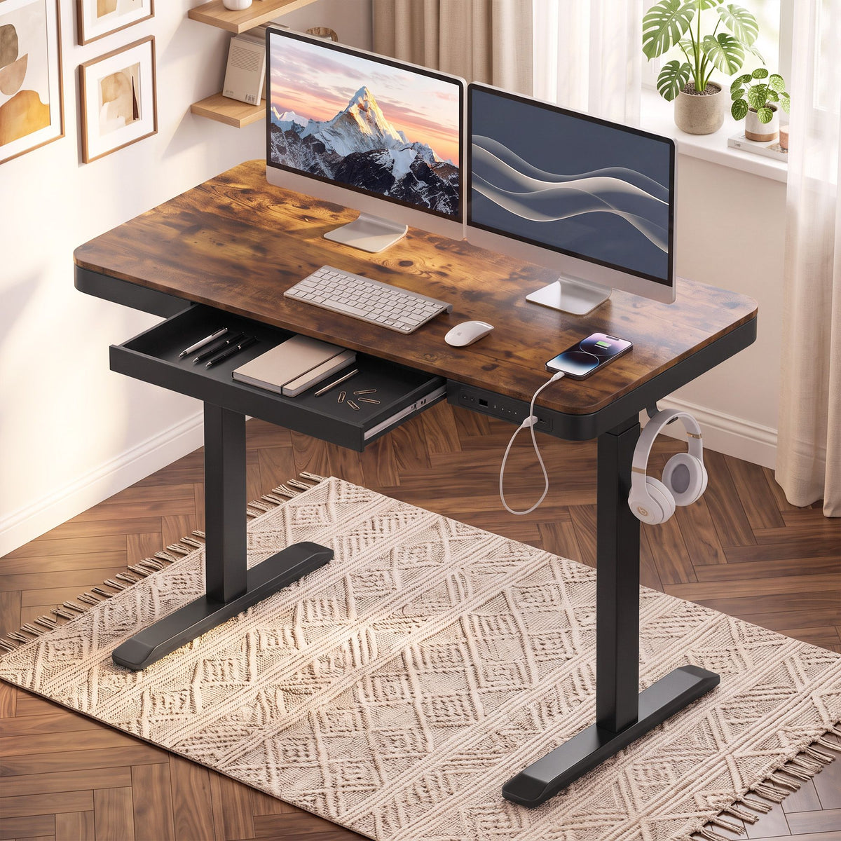 Artiss Motorised Standing Desk with Storage Drawer 120cm Rustic Brown-Furniture > Office > Desks-PEROZ Accessories