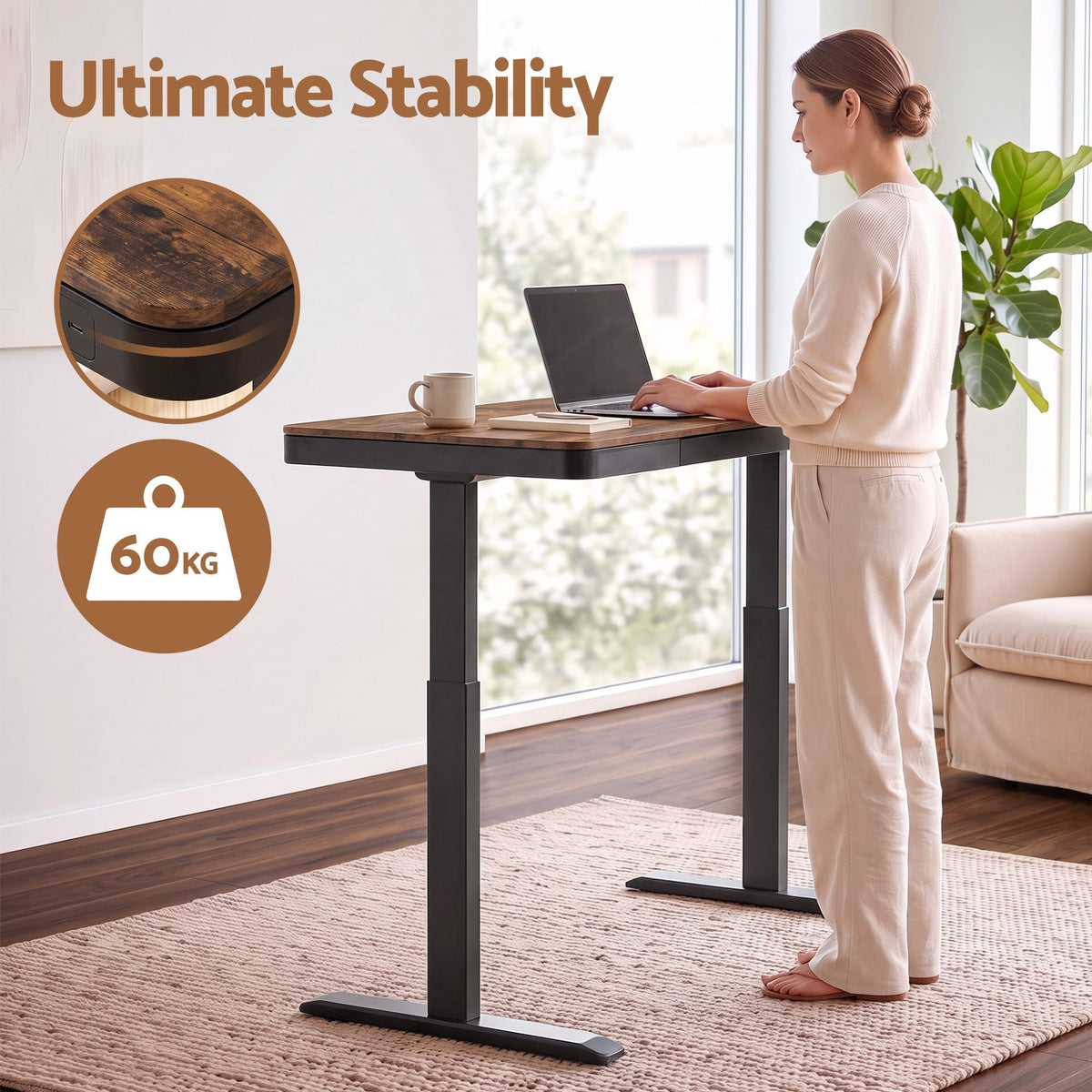Artiss Motorised Standing Desk with Storage Drawer 120cm Rustic Brown-Furniture > Office > Desks-PEROZ Accessories