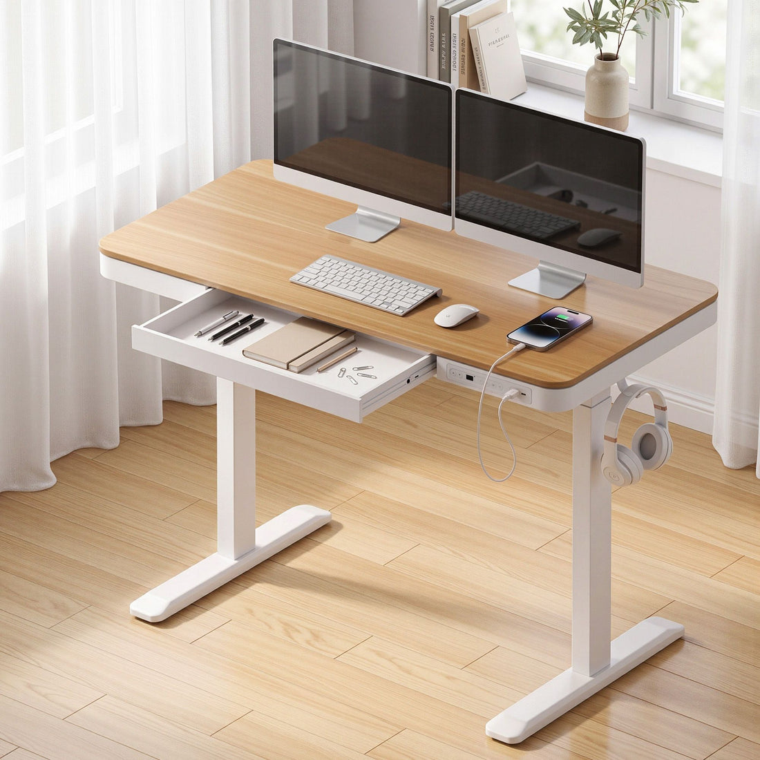 Artiss Motorised Standing Desk with Storage Drawer 120cm Wood White-Furniture > Office > Desks-PEROZ Accessories