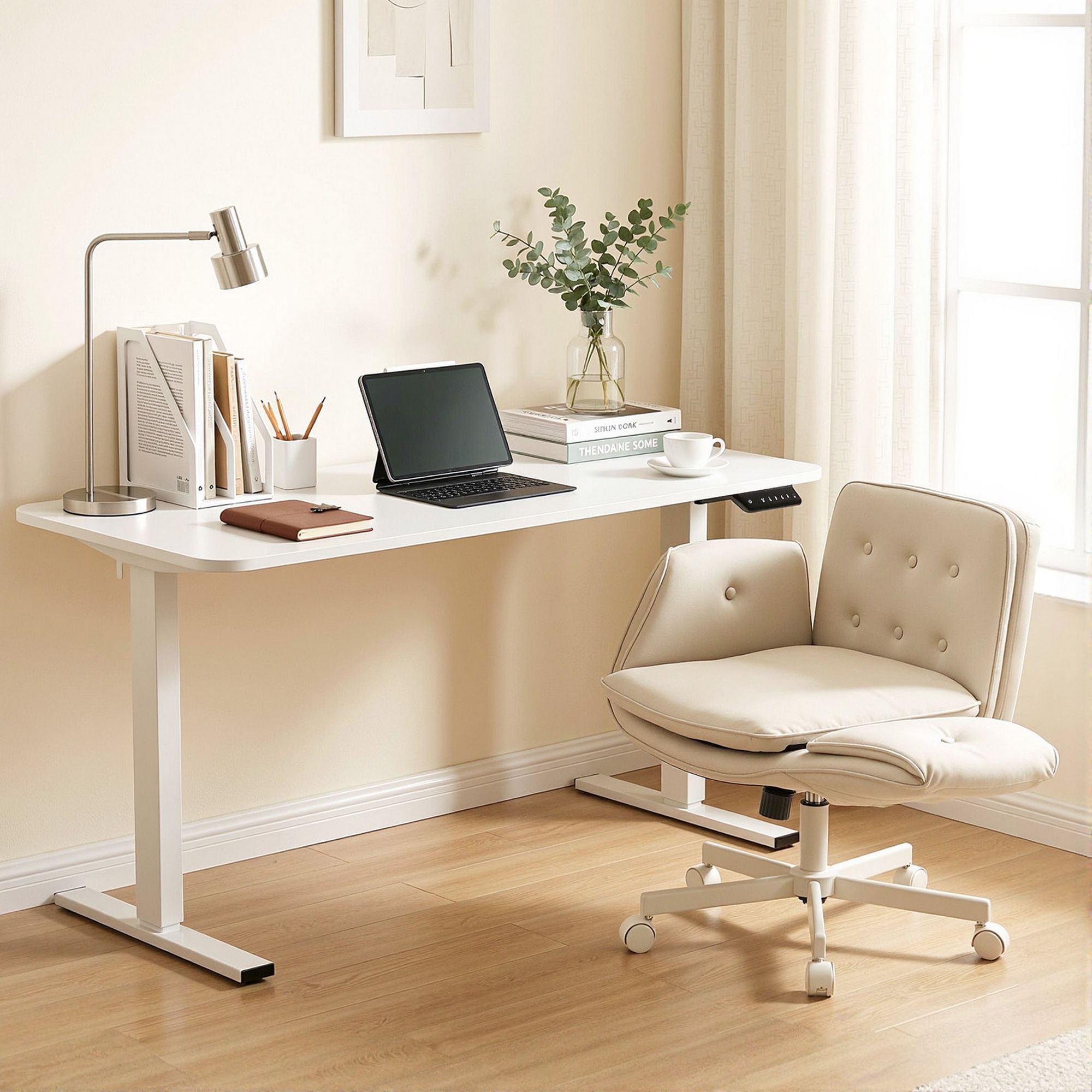 Artiss Criss Cross Chair with Wheels &amp; Adjustable Armrests and Electric Standing Desk 140cm with Memory Presets, Ergonomic Cross Legged Chair and Office Desk Set