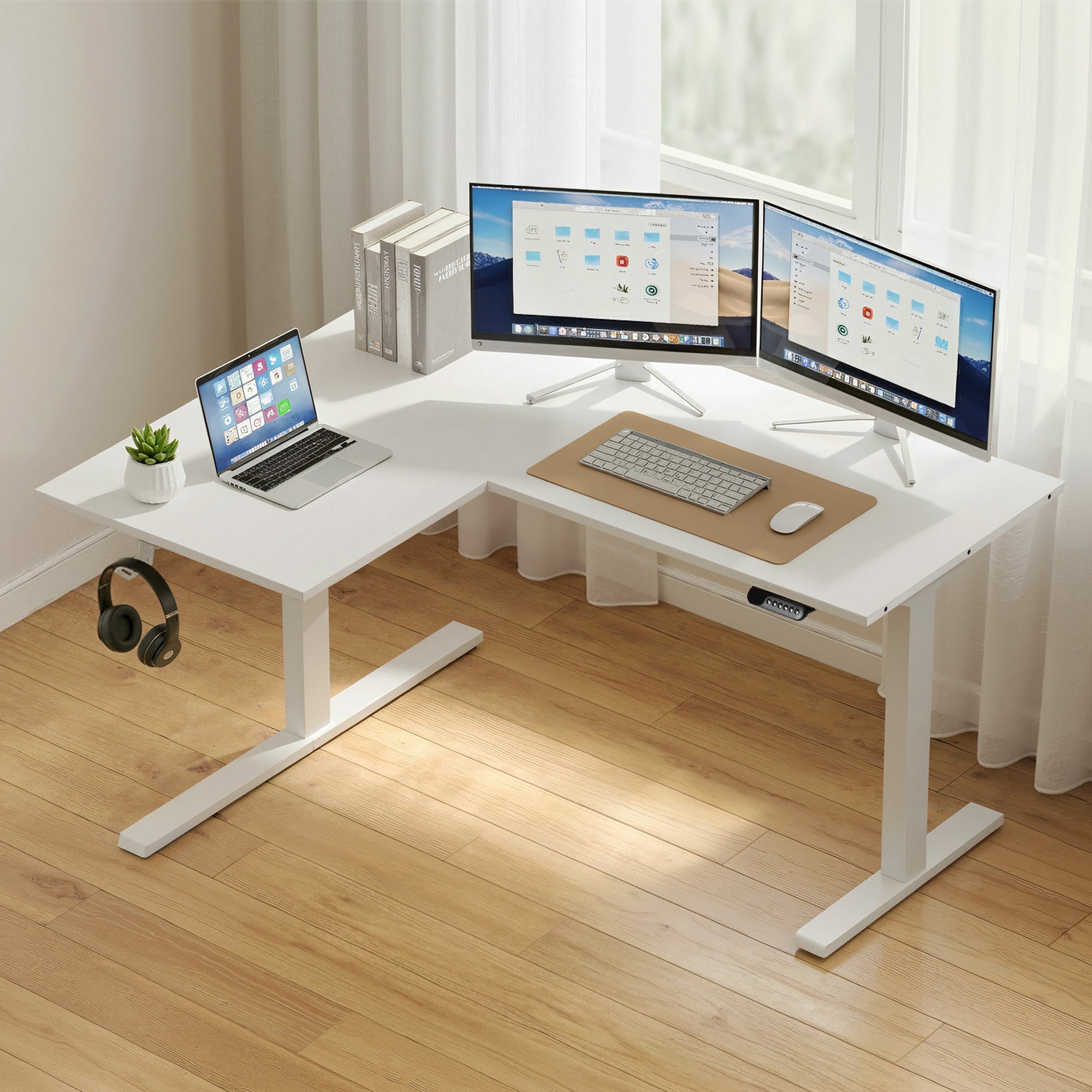 Artiss L-Shape Standing Desk Sit Stand Up Height Adjustable Electric Motorised White-Furniture > Office > Desks-PEROZ Accessories
