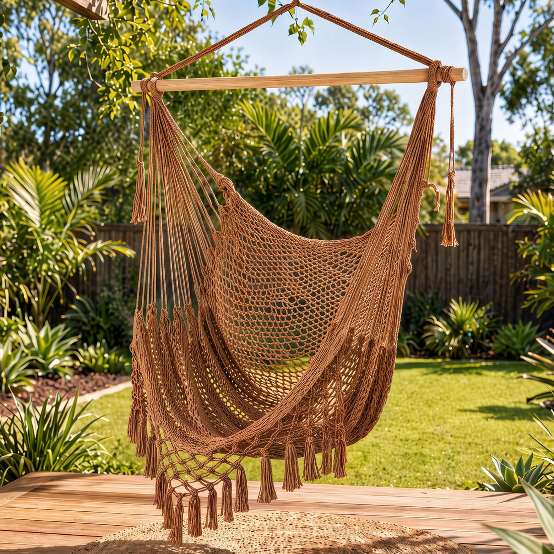Gardeon Hammock Chair Camping Hanging Chair with Spreader Bar Tassels Brown-Home &amp; Garden > Hammocks > Hammocks &amp; Accessories-PEROZ Accessories